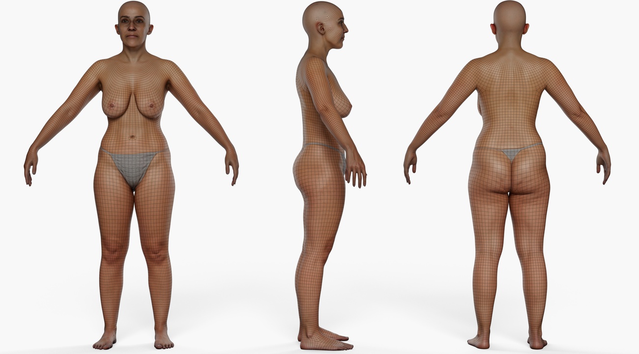 Wireframe topology overlay on a fuller-figured female 3D body scan showing clean quad mesh edge loops